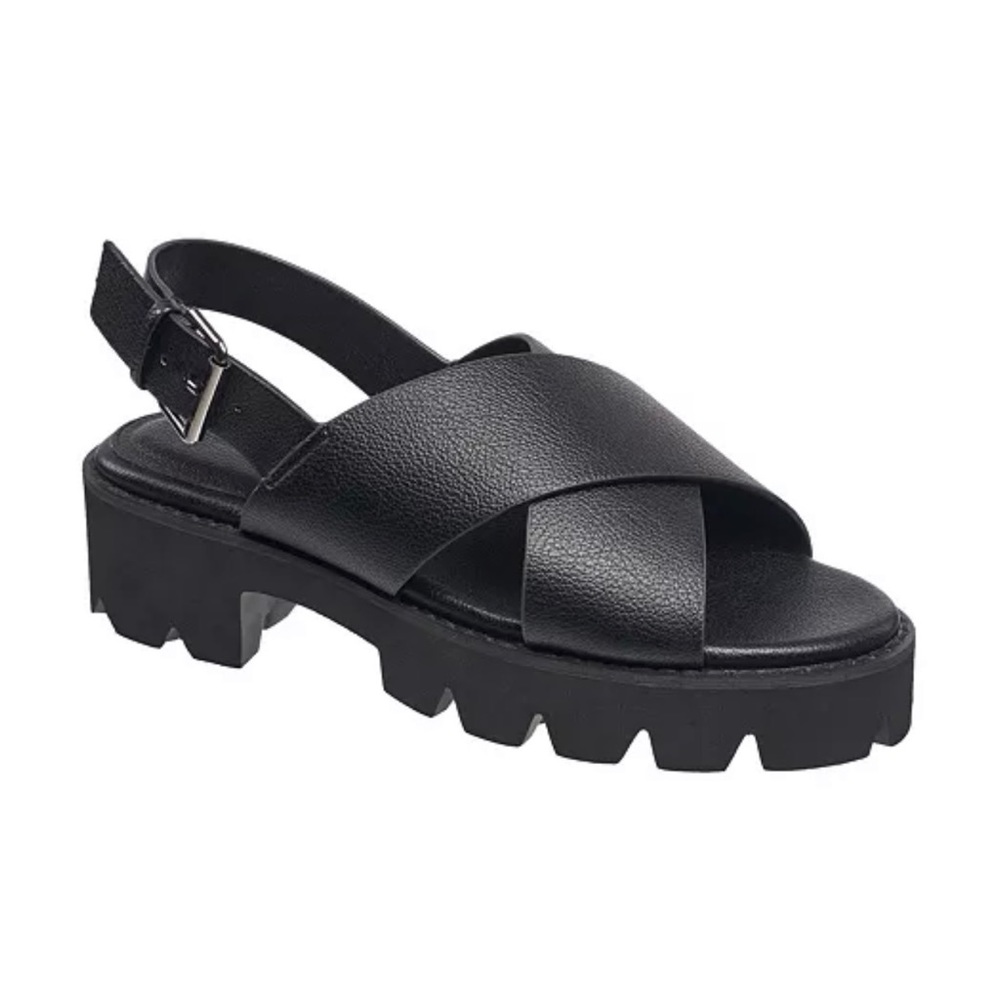 French Connection Rowan Criss Cross Black Chunky Heel Sandals Size 9 NEW